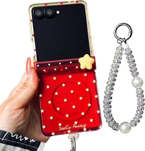 Hinge Protect Case for Samsung Galaxy Z Flip 8 Shiny Strap, Blue | Built-in Magnetic Ring, Girly Cute Aesthetic Atars Design, Glitter Pearls Wristband, Rotatable 3D Star, Hard PC, Clear Blue in Saudi Arabia