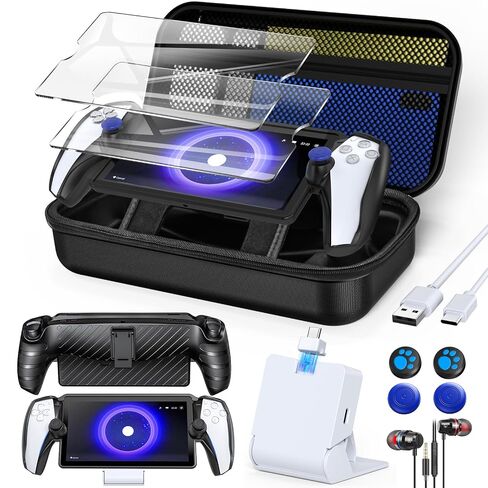13 in 1 Accessories Set for Playstation Portal,Carry Case for PS Portal | Carrying Case for PS Portal,TPU Cover with stand, Charging Dock,Screen Protectors,Thumb Grips,Earphones for PS Portal (Black) in Kuwait