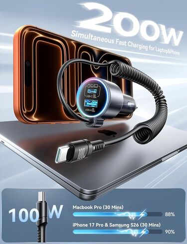 FLYLEAD 200W Car Charger USB C Fast Charge, [GaN] PD100W Fast Car Charger | Cigarette Lighter Phone Charger Adapter for iPhone 17/16/15 Pro Max, MacBook Pro Air Laptop, Samsung S26/S25, Pixel, iPad Pro in Saudi Arabia