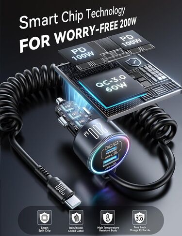 FLYLEAD 200W Car Charger USB C Fast Charge, [GaN] PD100W Fast Car Charger | Cigarette Lighter Phone Charger Adapter for iPhone 17/16/15 Pro Max, MacBook Pro Air Laptop, Samsung S26/S25, Pixel, iPad Pro in Saudi Arabia