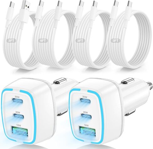 75W USB C Car Charger, 3-Port Super Fast Charging Cigarette Lighte | PD/QC 3.0 Car Cigarette Lighter Adapter for iPhone17/16/15 Pro Max & Samsung Galaxy S26/S25, with 4Pack 3/6.6FT Type-C Cables in Saudi Arabia