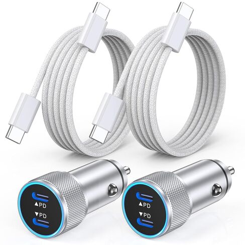 iPhone 17 Car Charger,2Pack Dual Port USB C Fast Car Charger Type C Rapid Charging Adapter with 2Pack USB C to C Nylon Braid Cable Woven Cord Fast Charging for iPhone 17/17 Pro/16/16 Pro Max/iPad in Kuwait