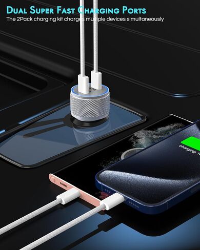 iPhone 17 Car Charger,2Pack Dual Port USB C Fast Car Charger Type C Rapid Charging Adapter with 2Pack USB C to C Nylon Braid Cable Woven Cord Fast Charging for iPhone 17/17 Pro/16/16 Pro Max/iPad in Kuwait