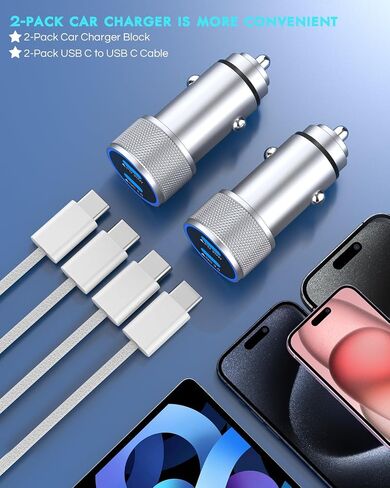 iPhone 17 Car Charger,2Pack Dual Port USB C Fast Car Charger Type C Rapid Charging Adapter with 2Pack USB C to C Nylon Braid Cable Woven Cord Fast Charging for iPhone 17/17 Pro/16/16 Pro Max/iPad in Kuwait