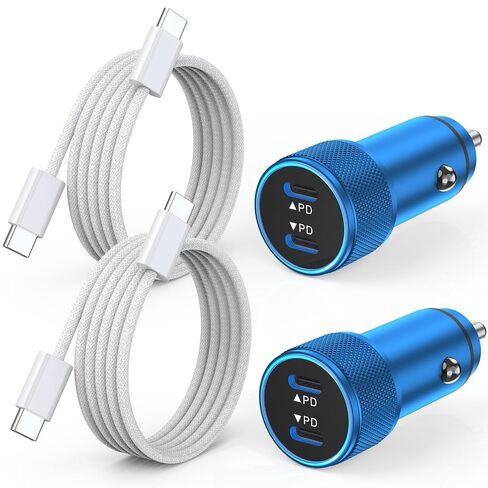 iPhone 17 Car Charger,2Pack Dual Port USB C Fast Car Charger Type C Rapid Charging Adapter with 2Pack USB C to C Nylon Braid Cable Woven Cord Fast Charging for iPhone 17/17 Pro/16/16 Pro Max/iPad in Kuwait