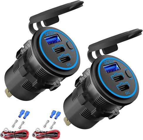 2 Pack 12V USB Outlet Wired Charger Multi Port, Dual PD3.0 USB-C and Quick Charge 3.0 Car Port Socket with Power Switch, Fast Charger for Cell Phone Tablet, Suitable for Car Boat RV Marine ATV in Saudi Arabia