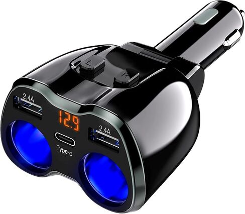 USB C Car Charger, 2 Sockets Cigarette Lighter Splitter 12/24V 80W Dual USB Type-C Ports Separate Switch LED Voltage Display Built-in Replaceable 10A Fuse Compatible Mobile Phone GPS Dash Cam in Kuwait