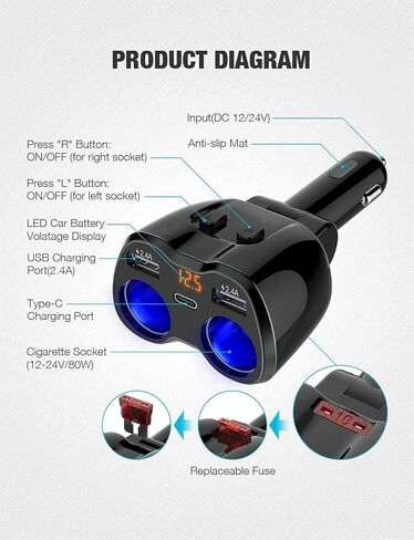 USB C Car Charger, 2 Sockets Cigarette Lighter Splitter 12/24V 80W Dual USB Type-C Ports Separate Switch LED Voltage Display Built-in Replaceable 10A Fuse Compatible Mobile Phone GPS Dash Cam in Kuwait