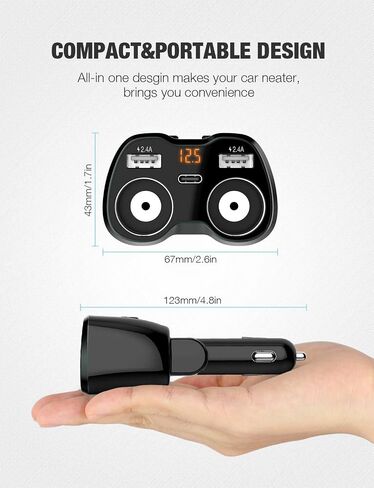 USB C Car Charger, 2 Sockets Cigarette Lighter Splitter 12/24V 80W Dual USB Type-C Ports Separate Switch LED Voltage Display Built-in Replaceable 10A Fuse Compatible Mobile Phone GPS Dash Cam in Kuwait