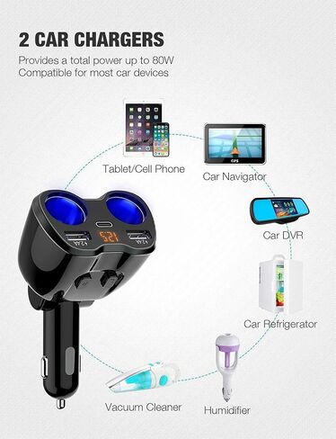 USB C Car Charger, 2 Sockets Cigarette Lighter Splitter 12/24V 80W Dual USB Type-C Ports Separate Switch LED Voltage Display Built-in Replaceable 10A Fuse Compatible Mobile Phone GPS Dash Cam in Kuwait