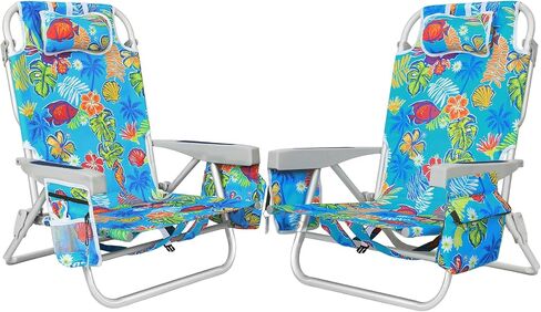 2Pk Aluminum Extra Wide 5-Position Lay Flat Folding Backpack Beach Chairs for Adults, with Cooler Bag, Cup&Phone Holder, Towel Bar for Outdoor Lawn Picnic Sport, Portable Camping Chairs,Tropical Print in Saudi Arabia