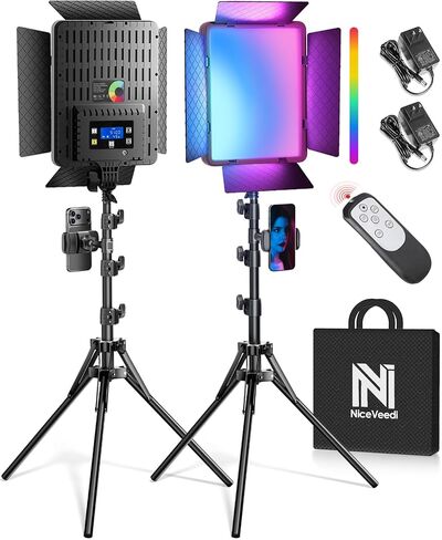 NiceVeedi 2-Pack RGB Photography Lighting with 20 Effects, 40W/360° Full Color/2700-6500K Studio Lights with Remote & Display, Video Light for Video Recording/Photography/Streaming/YouTube/TikTok in Kuwait