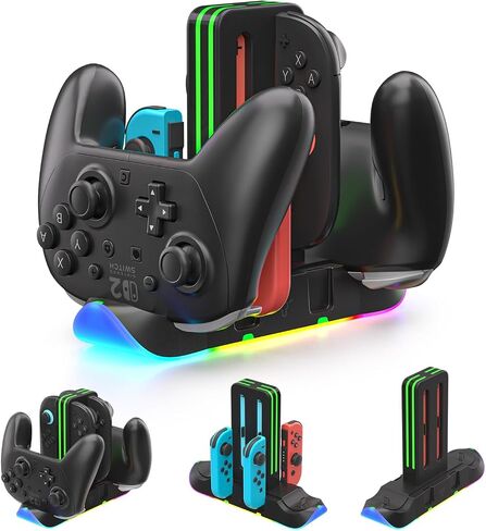 قاعدة شحن وحدة التحكم سويتش، محطة شحن 6 في 1 لوحدات تحكم Joy-Con وPro، حامل مؤشر LED، غير متوافق مع Switch 2 أو وحدات تحكم الطرف الثالث in Kuwait