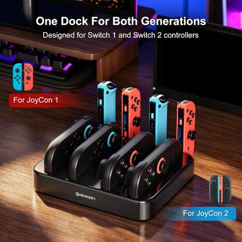 NEWDERY Controller Charger for Nintendo Switch 1/2 Joy Con, Charging Dock | 8 in 1 Fast Charging Station | Magnetic Snap | USB C Cable | LED Indicators | Organizer Stand Accessories | for Joy Con 2/1 in Saudi Arabia