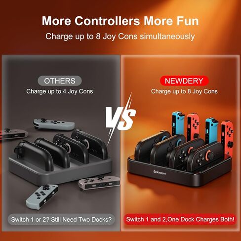 NEWDERY Controller Charger for Nintendo Switch 1/2 Joy Con, Charging Dock | 8 in 1 Fast Charging Station | Magnetic Snap | USB C Cable | LED Indicators | Organizer Stand Accessories | for Joy Con 2/1 in Saudi Arabia