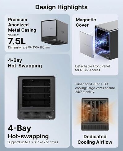 ACEMAGIC NAS N3A 4-Bay Desktop Network Attached Storage Home & Office Backup Hub,Protect Data, Up to 136TB NAS 4×HDD+2×M.2 Slots, Dual 2.5G+1G LAN, 8GB DDR4,128GB PCIe3.0 SSD, Diskless in Saudi Arabia