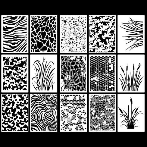 15 Pcs Camo Stencils for Spray Painting, 13.8 x 9.8 Inch | Reusable PET tactical templates with digital, honeycomb and reed grass patterns for airsoft, duck boats and outdoor gear in Saudi Arabia