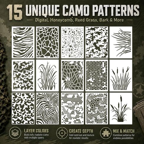 15 Pcs Camo Stencils for Spray Painting, 13.8 x 9.8 Inch | Reusable PET tactical templates with digital, honeycomb and reed grass patterns for airsoft, duck boats and outdoor gear in Saudi Arabia
