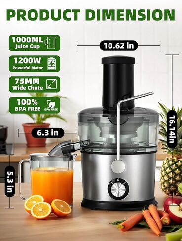 Juicer Machines, 1200W Juicer with 3" Feed Chute for Whole Fruits and Vegs, Dual Speeds Centrifugal Juice Extractor, Heavy Duty Full Copper Motor, 35oz Large Juice Jug, Stainless Steel, Silver in Saudi Arabia
