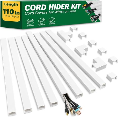 Cord Hider Kit, 110in Cord Covers for Wires on Wall, Paintable Wire Covers for Cords on Wall, Self-Adhesive Cable Hider Cord Organizer, Wire Hiders, 8X L14in X W0.96in x H0.57in in Saudi Arabia