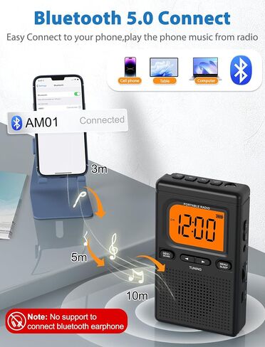 2000mAh Rechargeable Portable AM FM Radio with Bluetooth Speaker | Transistor Pocket Radio with Best Reception Digital Tuning, Flashlight,LCD Screen,Earphone Jack,Sleep Timer and Alarm Clock in Saudi Arabia