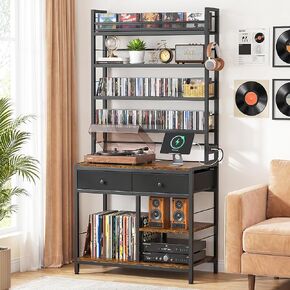 ikkle Tall CD Rack with Power Outlet & Drawers, 8-Tier DVD Storage Shelf | Media Storage Cabinet for CDs/DVDs, Vinyl Records, Books Games, Ideal for Living Room Home Office, 31.5x15.7x70.6 in, Brown in Saudi Arabia