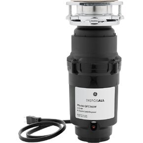 GE Disposall Continuous Feed 1/2 HP Motor Garbage Disposer, Good for Grinding: Cooked Meat, Beans, & Seeds, Universal 3 Bolt Install & Power Cord Included, Recommended for 2-4 Person Homes, GFC565W | Continuous Feed, Jam Resistant Technology, Quiet Motor, in Kuwait