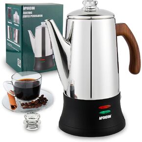 APOXCON Electric Coffee Percolator Stainless Steel Coffee Maker with Two Heat Resistant Glass Knob & Treated Solid Wood Handle Keep Warm Cordless Serve Elegant Design Coffee Pot On/OFF Switch 8 Cup in Saudi Arabia