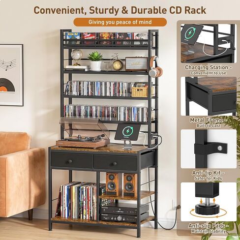 ikkle Tall CD Rack with Power Outlet & Drawers, 8-Tier DVD Storage Shelf | Media Storage Cabinet for CDs/DVDs, Vinyl Records, Books Games, Ideal for Living Room Home Office, 31.5x15.7x70.6 in, Brown in Saudi Arabia