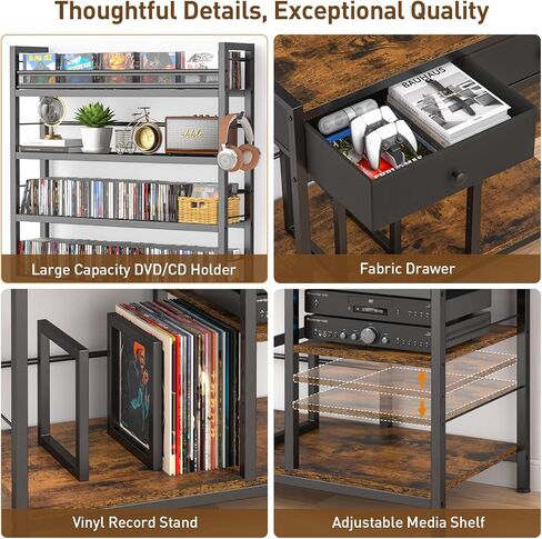 ikkle Tall CD Rack with Power Outlet & Drawers, 8-Tier DVD Storage Shelf | Media Storage Cabinet for CDs/DVDs, Vinyl Records, Books Games, Ideal for Living Room Home Office, 31.5x15.7x70.6 in, Brown in Saudi Arabia