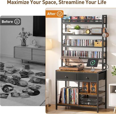 ikkle Tall CD Rack with Power Outlet & Drawers, 8-Tier DVD Storage Shelf | Media Storage Cabinet for CDs/DVDs, Vinyl Records, Books Games, Ideal for Living Room Home Office, 31.5x15.7x70.6 in, Brown in Saudi Arabia