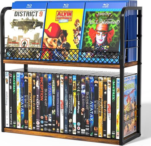 Alyoen 2-Tier DVD Storage Rack, DVD Shelf, DVD Holder Organizer with Display Top Shelf & Non-slip Pads, Stores Up to 56 DVDs, Retro DVD Stand Tower for Music Enthusiasts, Collection in Saudi Arabia