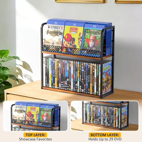 Alyoen 2-Tier DVD Storage Rack, DVD Shelf, DVD Holder Organizer with Display Top Shelf & Non-slip Pads, Stores Up to 56 DVDs, Retro DVD Stand Tower for Music Enthusiasts, Collection in Saudi Arabia