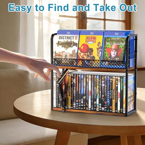 Alyoen 2-Tier DVD Storage Rack, DVD Shelf, DVD Holder Organizer with Display Top Shelf & Non-slip Pads, Stores Up to 56 DVDs, Retro DVD Stand Tower for Music Enthusiasts, Collection in Saudi Arabia
