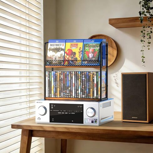 Alyoen 2-Tier DVD Storage Rack, DVD Shelf, DVD Holder Organizer with Display Top Shelf & Non-slip Pads, Stores Up to 56 DVDs, Retro DVD Stand Tower for Music Enthusiasts, Collection in Saudi Arabia