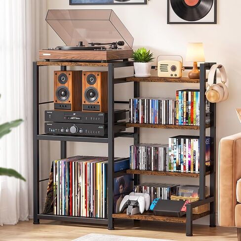 ikkle CD Storage Rack, 7-Tier DVD Storage Shelf Tower, Rustic Brown | Compact Media Organizer with Vinyl Record Stand, Fits CDs, DVDs, Video Games, Books, Ideal for Living Room & Home Office in Saudi Arabia