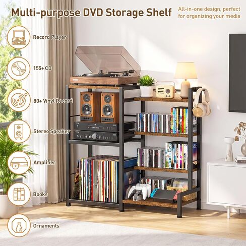 ikkle CD Storage Rack, 7-Tier DVD Storage Shelf Tower, Rustic Brown | Compact Media Organizer with Vinyl Record Stand, Fits CDs, DVDs, Video Games, Books, Ideal for Living Room & Home Office in Saudi Arabia