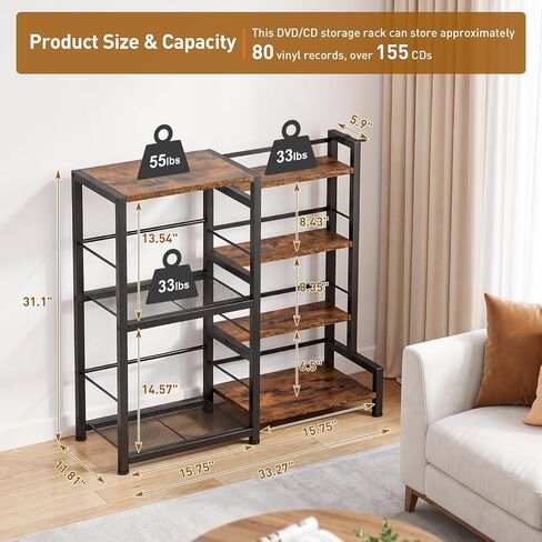 ikkle CD Storage Rack, 7-Tier DVD Storage Shelf Tower, Rustic Brown | Compact Media Organizer with Vinyl Record Stand, Fits CDs, DVDs, Video Games, Books, Ideal for Living Room & Home Office in Saudi Arabia