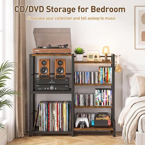 ikkle CD Storage Rack, 7-Tier DVD Storage Shelf Tower, Rustic Brown | Compact Media Organizer with Vinyl Record Stand, Fits CDs, DVDs, Video Games, Books, Ideal for Living Room & Home Office in Saudi Arabia