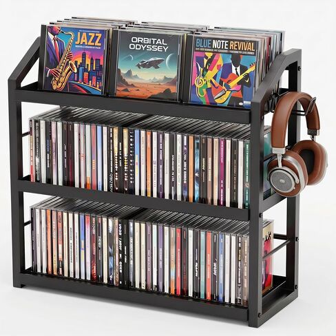3-Tier CD Holder, Sturdy Steel CD Storage Rack for Display, Holds 125 CDs | Versatile CD Organizer with Top Display Shelf, Reversible Trays, Headphone Hook for Home Office Gaming Room Kitchen Counter in Saudi Arabia