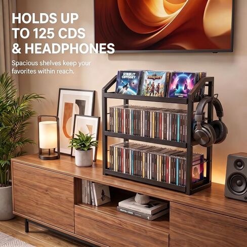 3-Tier CD Holder, Sturdy Steel CD Storage Rack for Display, Holds 125 CDs | Versatile CD Organizer with Top Display Shelf, Reversible Trays, Headphone Hook for Home Office Gaming Room Kitchen Counter in Saudi Arabia