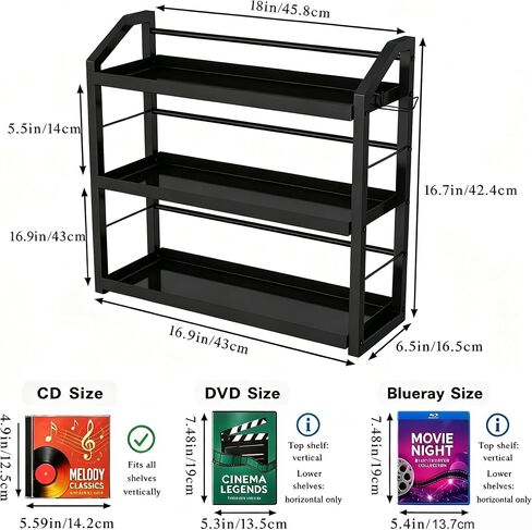3-Tier CD Holder, Sturdy Steel CD Storage Rack for Display, Holds 125 CDs | Versatile CD Organizer with Top Display Shelf, Reversible Trays, Headphone Hook for Home Office Gaming Room Kitchen Counter in Saudi Arabia