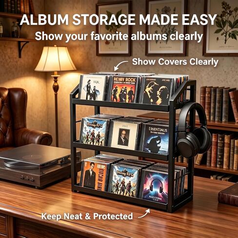 3-Tier CD Holder, Sturdy Steel CD Storage Rack for Display, Holds 125 CDs | Versatile CD Organizer with Top Display Shelf, Reversible Trays, Headphone Hook for Home Office Gaming Room Kitchen Counter in Saudi Arabia