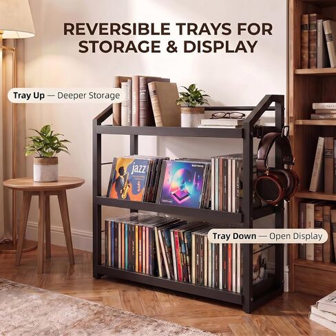 3-Tier CD Holder, Sturdy Steel CD Storage Rack for Display, Holds 125 CDs | Versatile CD Organizer with Top Display Shelf, Reversible Trays, Headphone Hook for Home Office Gaming Room Kitchen Counter in Saudi Arabia