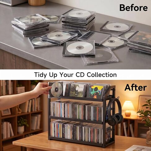 3-Tier CD Holder, Sturdy Steel CD Storage Rack for Display, Holds 125 CDs | Versatile CD Organizer with Top Display Shelf, Reversible Trays, Headphone Hook for Home Office Gaming Room Kitchen Counter in Saudi Arabia