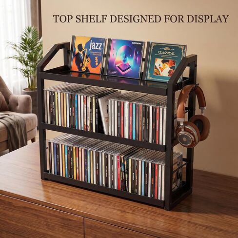 3-Tier CD Holder, Sturdy Steel CD Storage Rack for Display, Holds 125 CDs | Versatile CD Organizer with Top Display Shelf, Reversible Trays, Headphone Hook for Home Office Gaming Room Kitchen Counter in Saudi Arabia