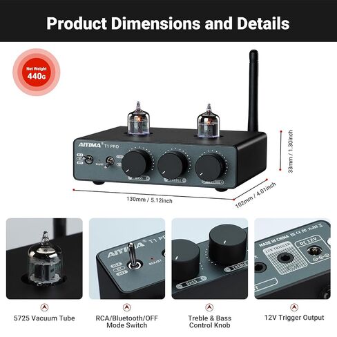 AIYIMA T1 PRO Vacuum Tube Preamplifier Bluetooth 5.1 with Treble Bass | 12V Trigger/RCA Out | Swappable Op-Amp & Tubes | Home Audio Pre-amp for 2.0/2.1 A07 MAX Stereo Amplifiers & Bookshelf Speaker in Saudi Arabia