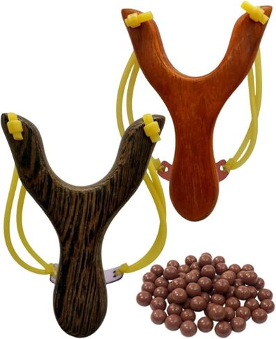 Wooden Slingshot Set Including 2 PCS Wooden Sling Shot for Kids with Strong Double Elastic Hose Rubber Band and Clay Balls for Outdoor Sports Catapult Game in Saudi Arabia