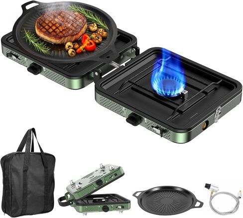 Portable Camping stove, 2 Burner Foldable Camping Stove with Griddle and Carrying Bag & Hose, 8600BTU Portable Propane Camp Stove with Ignition & 2 Adjustable Burners,for Camping Tailgating BBQ Grill in Saudi Arabia