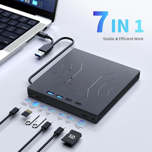Wbacon External Blu Ray Drive, Support 100G Disc R/W & 3D BluRay Burner | 7 in 1 External Blu-Ray Drives with USB 3.0 & Type-C & 2 SD/TF Ports, CD DVD Burner for Windows 11/10/8/7/XP Laptop Desktop in Saudi Arabia